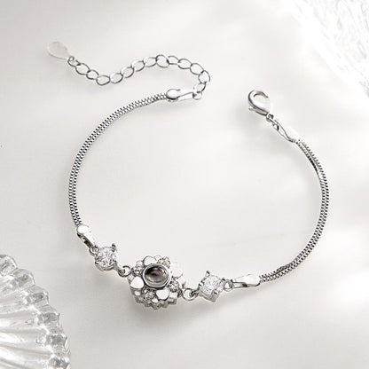Silver Flower Bracelet with Photo Projection, Romantic Gift for Her