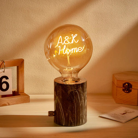 Custom Text Vintage Edison LED Filament Bulb with Wooden Base, Warm Yellow Light, Decorative Lamp